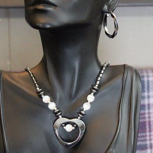 Hematite Stone Cat's Eye Glass Heart Necklace with Hoop Earrings